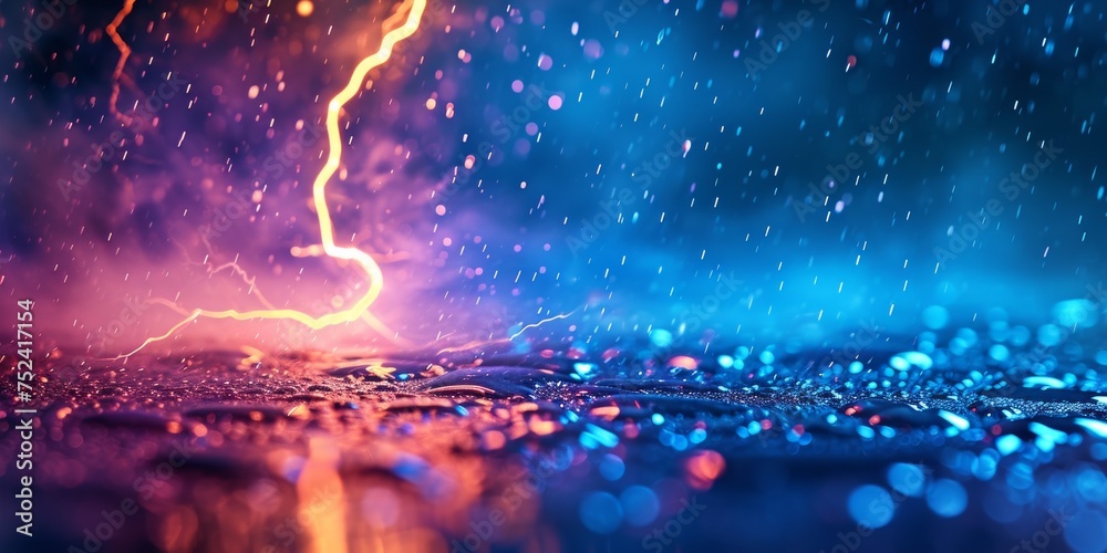A blur of raindrops streaking through the air, lightning illuminating the dark sky, and wet pavement reflecting the chaotic dance of natures forces. - obrazy, fototapety, plakaty 