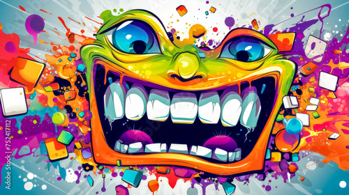 Colorful cartoon monster with a wide smile amidst a festive explosion of confetti and balloons