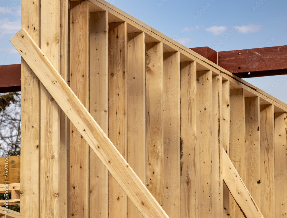 An interior wood framing 2x6 inch stud wall showing the studs and plywood sheathing and temprary bracing
