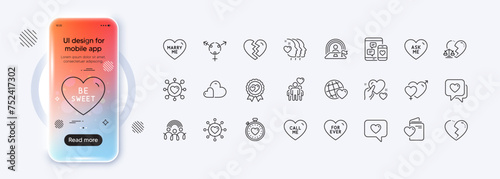 Social media, Friends couple and Inclusion line icons for web app. Phone mockup gradient screen. Pack of Friends world, Care, Hold heart pictogram icons. Break up, Heart, Love award signs. Vector