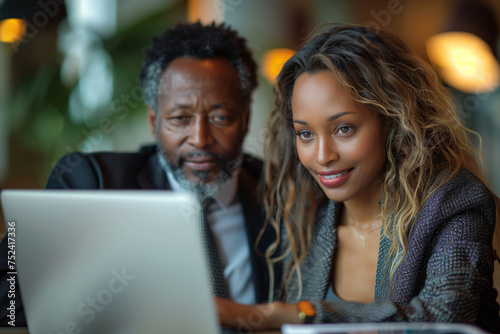 African American father and daughter working together on a laptop