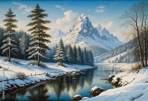 Winter landscape of mountains and rivers