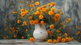 A collection of vibrant yellow marigold blooms showcased in a rustic white ceramic vase, evoking feelings of warmth and happiness.