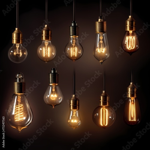 Decorative antique Edison style light bulbs, different shapes of retro lamps on dark background. Cafe or restaurant decoration details.