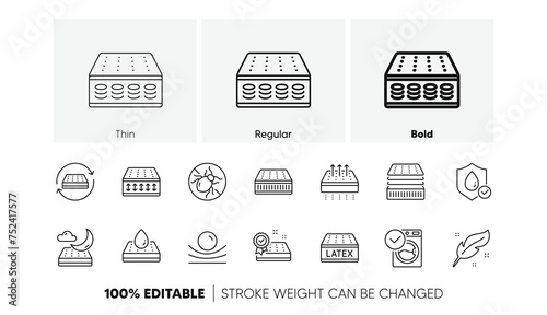 Memory foam, pillow, latex. Mattress line icons set. Breathable, washable, bed tick icons. Light weight, natural material, pocket sprung mattress. Bed mite, antiallergic latex. Line icons set. Vector