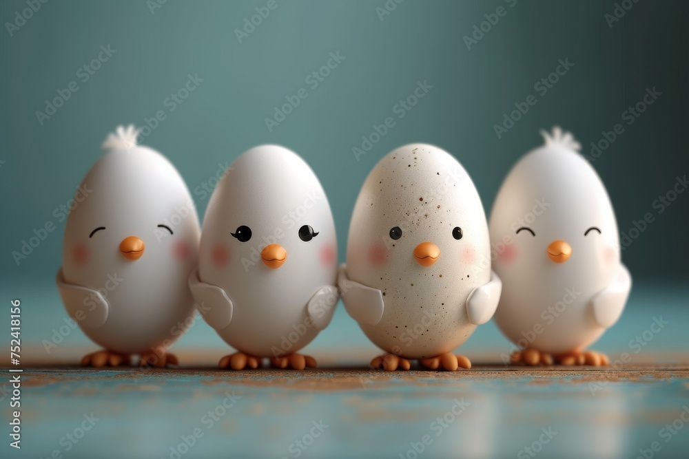 Multiple eggs with different facial expressions drawn on them. Each egg has a unique expression, showcasing creativity and imagination.