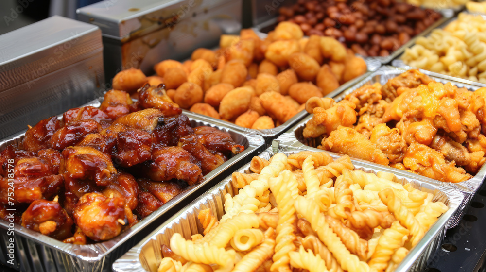 Variety of food items offered at a street fair Variety of food items offered at a street fair