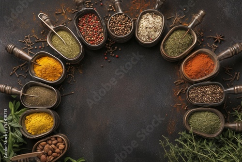 Top view of a rich variety of spices and herbs