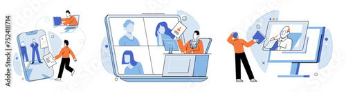 Online video meeting. Vector illustration. Distance is overcome through technology in international online video meetings Education embraces concept online video meetings for remote learning