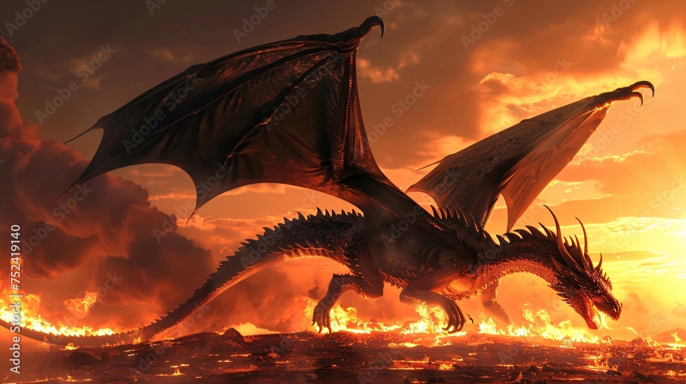 Majestic dragon in flight its wings casting shadows over a scorched earth flames trailing from its mouth in a display of power