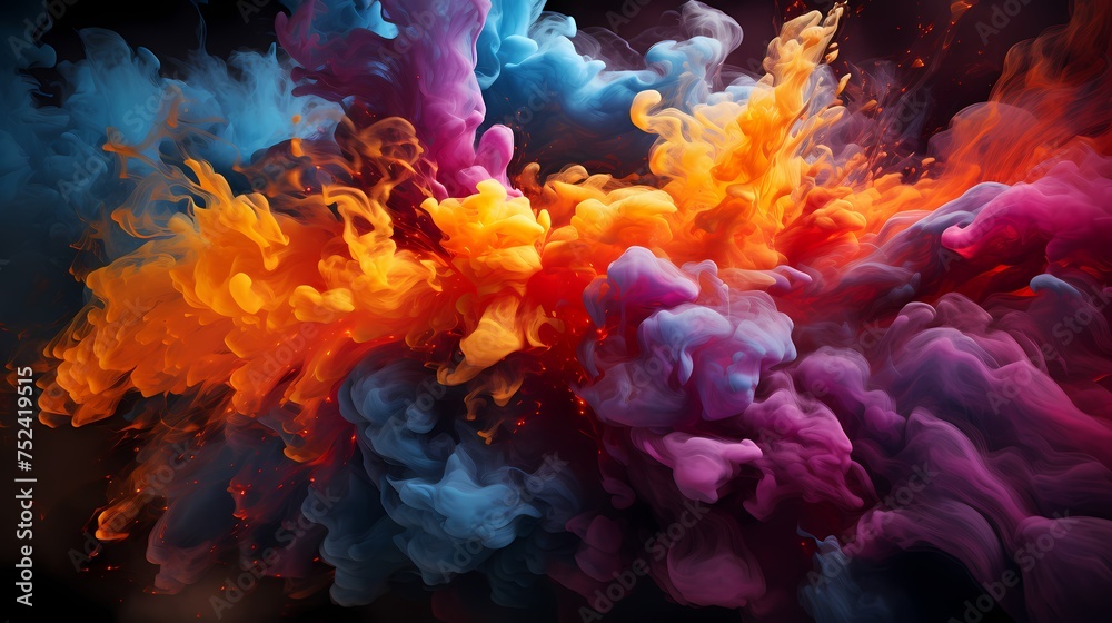 Liquids in shades of rose and electric blue collide, generating a spectacular burst of energy that paints the air with vibrant abstract patterns. HD camera captures the intense
