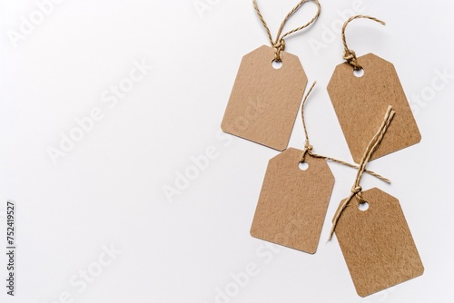 a group of brown tags with string