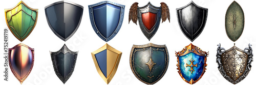 A set of various shields, showcasing a diverse range of designs and colors. Collection of 12 isolated shields with transparent backgrounds.