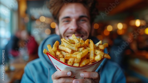 A funny curly guy holds fries in his hand while laughing against a blue background