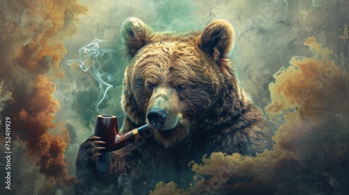 A bear, weary from life's battles, puffs thoughtfully on a smoking pipe photo