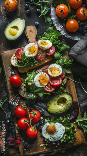 Fresh Avocado and Egg Toast With Tomatoes on a Wooden Cutting Board