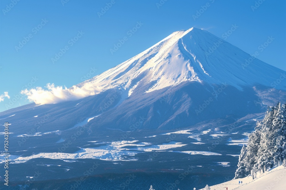 Snow kissed Fuji mountain summit stands out in breathtaking winter scenery