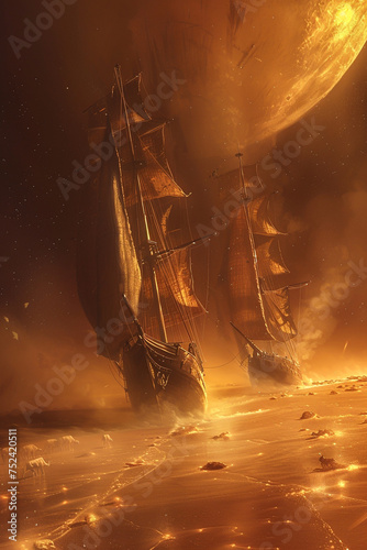 Sailing ships carve paths through Marss dust storms guided by Neptunes distant light plains animals witness photo
