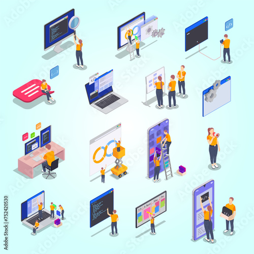 colored programming coding development isometric icon set with coding advertising meetings and other themes
