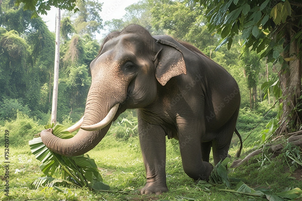 Fototapeta premium Big Thai elephant amidst verdant foliage, showcasing wildlife magnificence