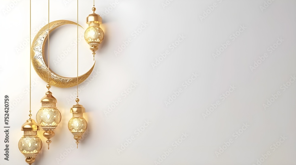 ramadan islamic greeting card of crescent moon decoration and lanterns with copy space area banner ramadan islamic greeting card of crescent moon decoration and lanterns with copy space area banner