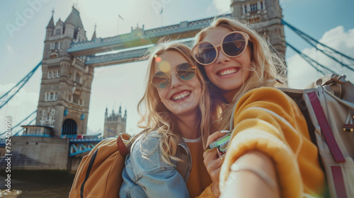 girls smiling for selfie in London. two teenager tourists sightseeing in London taking selfie with iconic bridge in background.