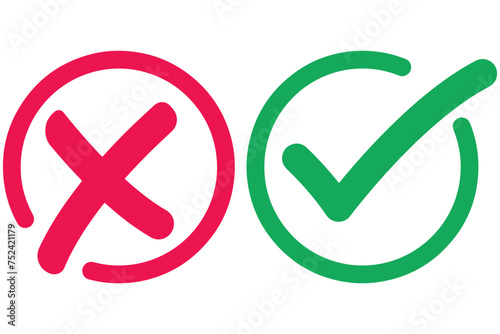 right and wrong icon with green and red, correct and incorrect symbol to guarantee the idea, agreement sign to confirm the right answer photo
