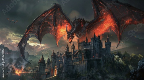 Powerful fiery black monster in a medieval setting its wings casting terrifying shadows over a castle as it prepares to unleash magic and destruction