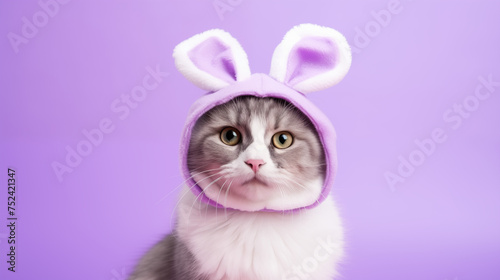 Adorable Cat Dressed in a Bunny Ears Hood with a Purple Background.