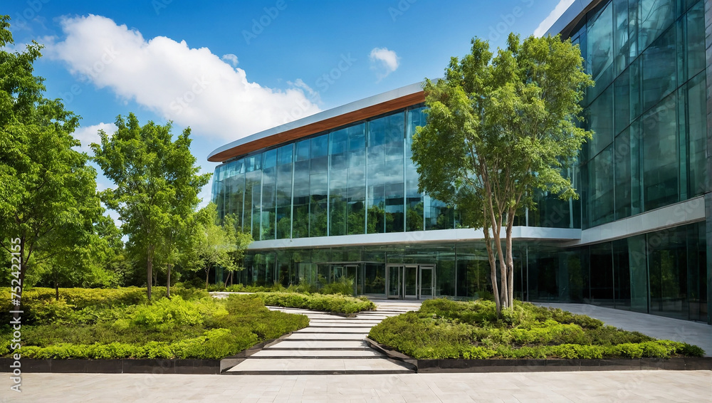 Architecture image with a modern glass building with a lot of green plants trees and bushes for business architecture environmental friendly and eco-concept

