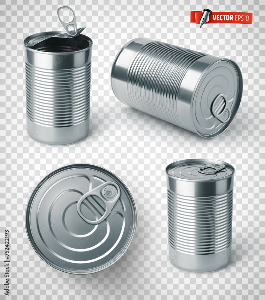 Vector realistic illustration of tin cans on a transparent background. Vector realistic illustration of tin cans on a transparent background.