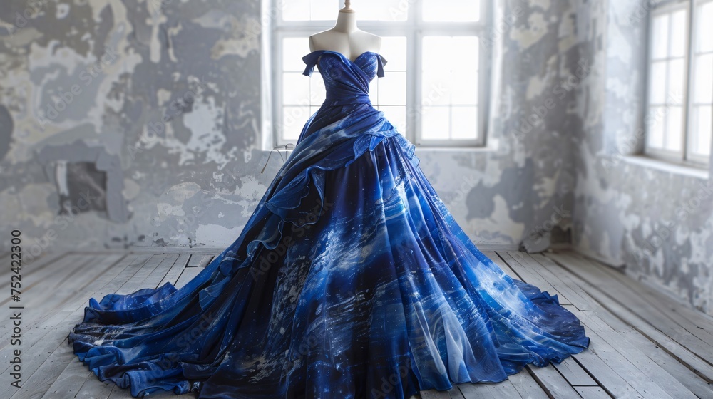 Romantic sapphire blue evening gown its marbled fabric flowing elegantly capturing the essence of classic beauty