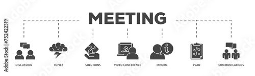 Meeting icons process structure web banner illustration of communications, topics, solutions, plan, inform and video conference  icon live stroke and easy to edit 