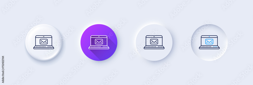E-Mail line icon. Neumorphic, Purple gradient, 3d pin buttons. Message correspondence sign. Communication symbol. Line icons. Neumorphic buttons with outline signs. Vector E-Mail line icon. Neumorphic, Purple gradient, 3d pin buttons. Message correspondence sign. Communication symbol. Line icons. Neumorphic buttons with outline signs. Vector
