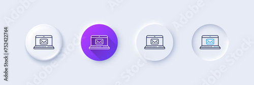 E-Mail line icon. Neumorphic, Purple gradient, 3d pin buttons. Message correspondence sign. Communication symbol. Line icons. Neumorphic buttons with outline signs. Vector