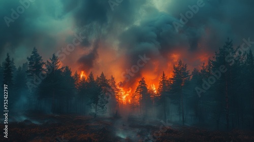 Evening forest scene with cloudy sky and fire smoke