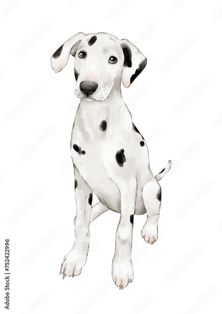 The dog is a Dalmatian. A large-sized hunting companion dog. A cute hand-drawn pet. Watercolor illustration on a white background. Insulated clipart for packaging design, postcards