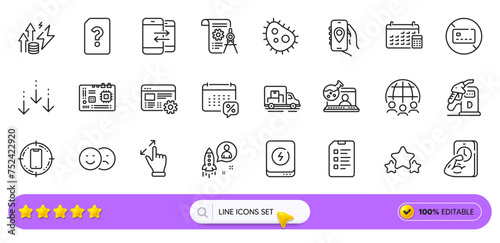 Checklist, Diesel station and Energy inflation line icons for web app. Pack of Stars, Bacteria, No card pictogram icons. Touchscreen gesture, Fitness, Unknown file signs. Motherboard. Vector