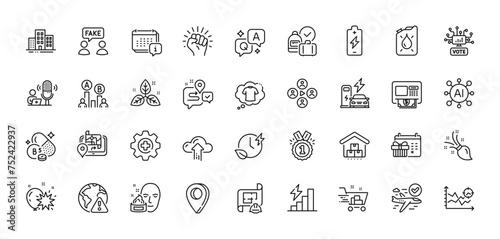 Ab testing, Engineering plan and T-shirt line icons pack. AI, Question and Answer, Map pin icons. Calendar, Cloud upload, Atm web icon. Fake information, Storage, Brush pictogram. Vector
