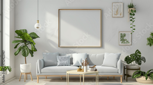   Frame mockup  ISO A paper size. Living room wall poster mockup. Interior mockup with house background. Modern interior design. 3D render