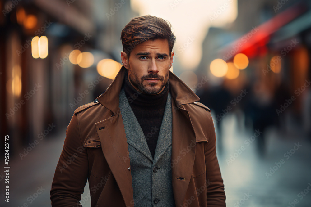 Generative AI image of elegant handsome businessman walking on city street urban style Generative AI image of elegant handsome businessman walking on city street urban style