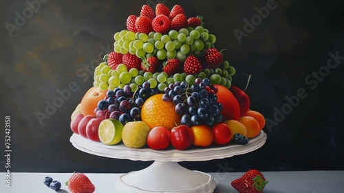 A stack of colorful fruit arranged on a white platter  enticing with their fresh and juicy appearance.