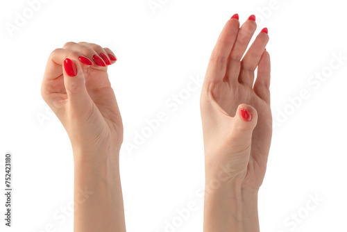 Woman hand with red nails holding something.