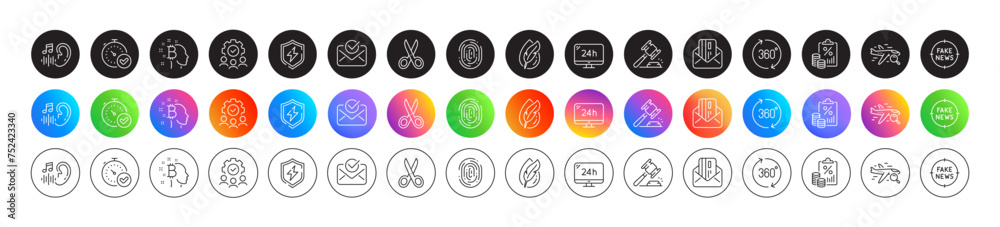 Bitcoin think, 360 degrees and Teamwork line icons. Round icon gradient buttons. Pack of Approved mail, Tax document, Fast verification icon. 24h service, Auction hammer, Fake news pictogram. Vector