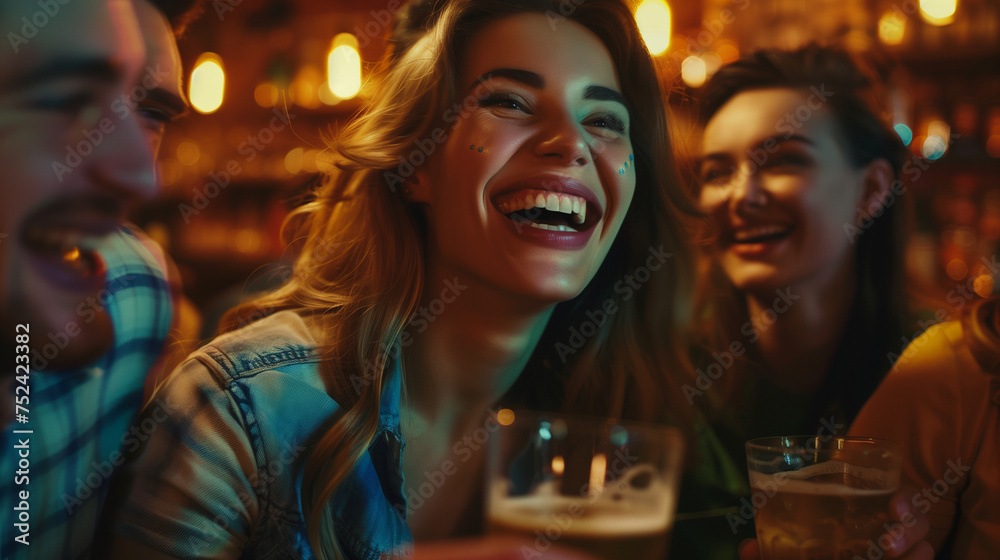 group of friends drinking and having a good time, laugher, enjoying a happy hour in a bar group of friends drinking and having a good time, laugher, enjoying a happy hour in a bar