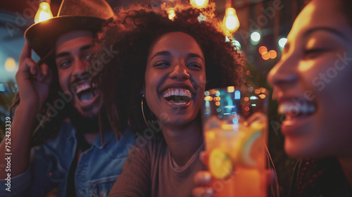 group of friends drinking and having a good time, laugher, enjoying a happy hour in a bar
