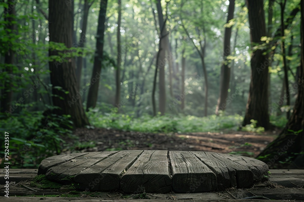Simple wooden platform in a quiet misty forest creating an enchanting atmosphere for mystical product unveils Simple wooden platform in a quiet misty forest creating an enchanting atmosphere for mystical product unveils