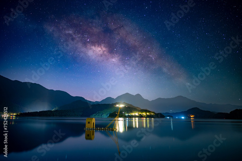 Beautiful view of the Milky Way from the pier on the lakeside of the mountains. Sun Moon Lake is one of Taiwan's famous tourist attractions. Nantou county.