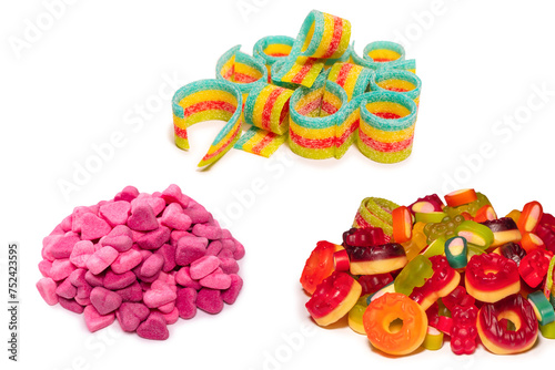 Fototapeta Naklejka Na Ścianę i Meble -  Assorted colorful gummy candies. Top view. Jelly donuts. Jelly bears. Isolated on a white background.