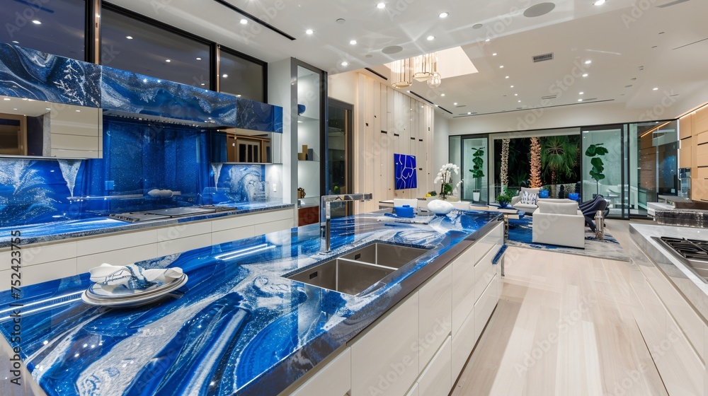 Sleek modern kitchen with sapphire blue marble countertops where culinary dreams come alive in a stylish setting - obrazy, fototapety, plakaty 